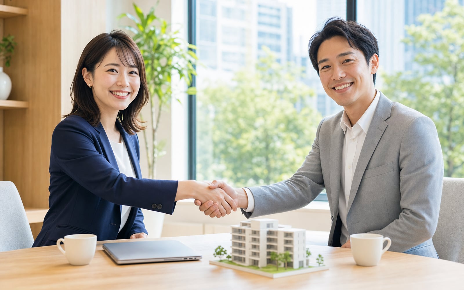提携先の不動産会社の担当者と握手を交わす事業開発スタッフ